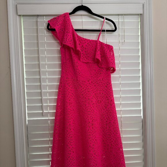 EUC Lilly Pulitzer Pink Callisto Ruffle One Shoulder Dress Size 4 - Picture 4 of 5